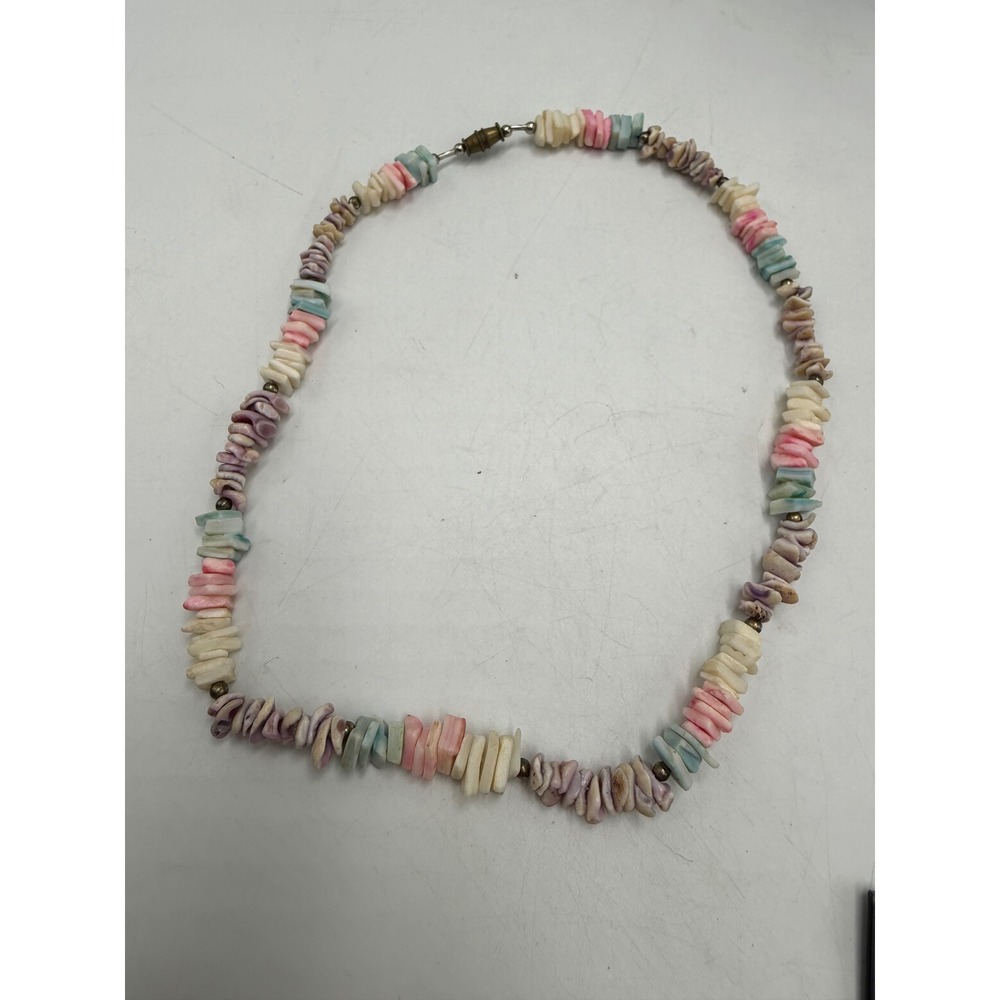 Vintage Pastel Puka Shell Chip‎ Necklace Pink Blue Purple Beach Boho 17 Inch
